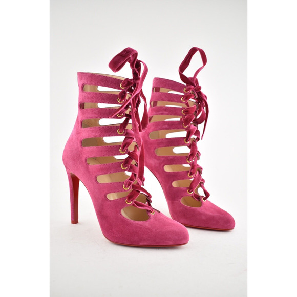 Christian Louboutin Spinetita 100 Loulou Pink Lace Up Sandal Heel Bootie 37.5 - Picture 4 of 12